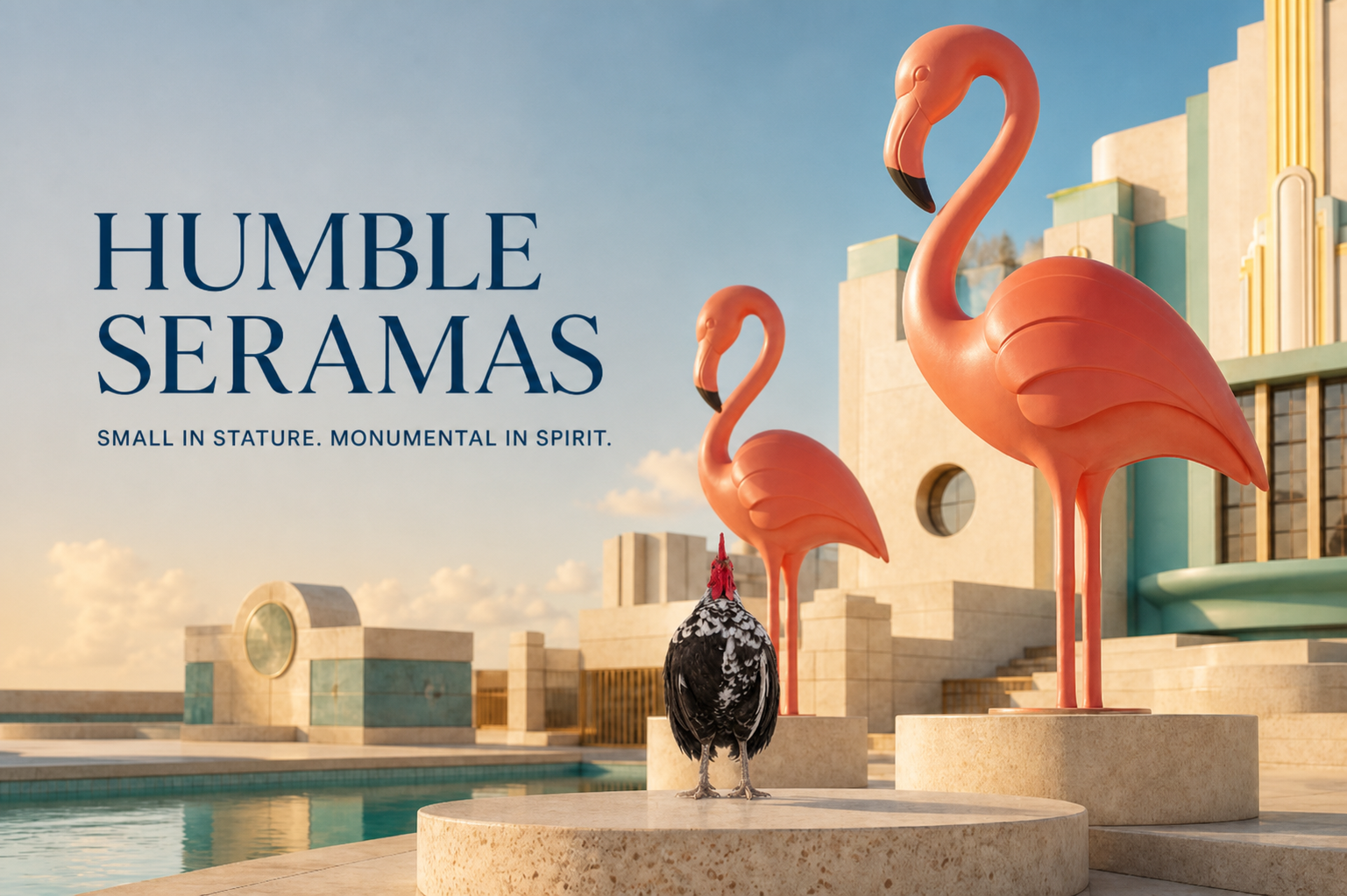 Two Miami Art Deco flamingo sculptures with the original mottled black Humble Seramas rooster, all fully visible